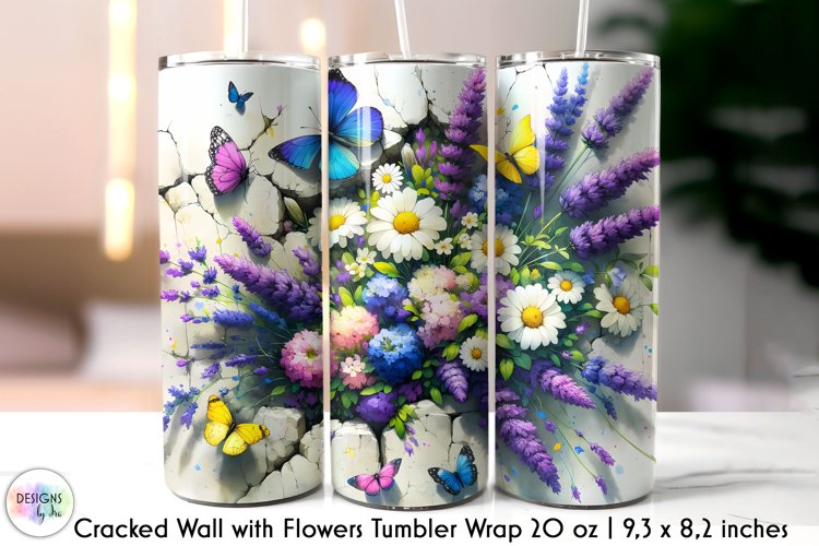 3D Cracked Wall Flowers Tumbler Wrap, Floral Tumbler Design example image 1