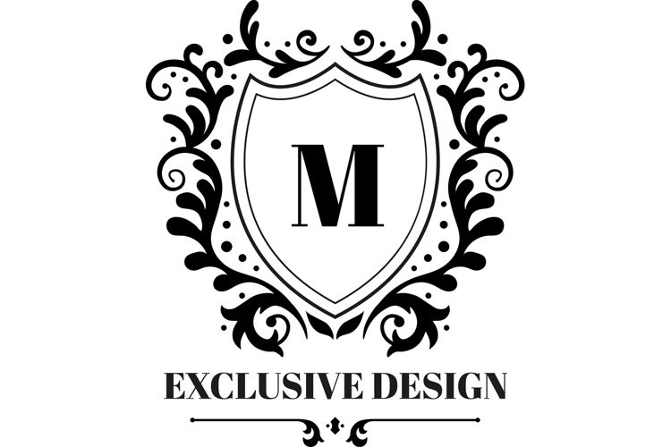 Royal shields badges with M letter. Vintage luxury logo