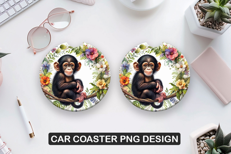 Chimpanzee Car Coaster Sublimation| Animal Coaster PNG