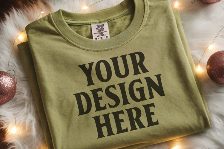 Moss Comfort Colors 1717 Christmas Folded T-Shirt Mockup