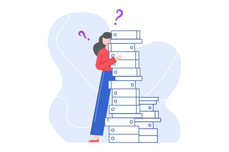 Lot of work, pile documents and tired worker example image 1