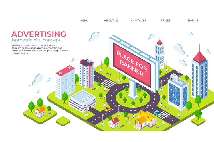 Isometric city billboard. Landing page with 3D city landscap example image 1