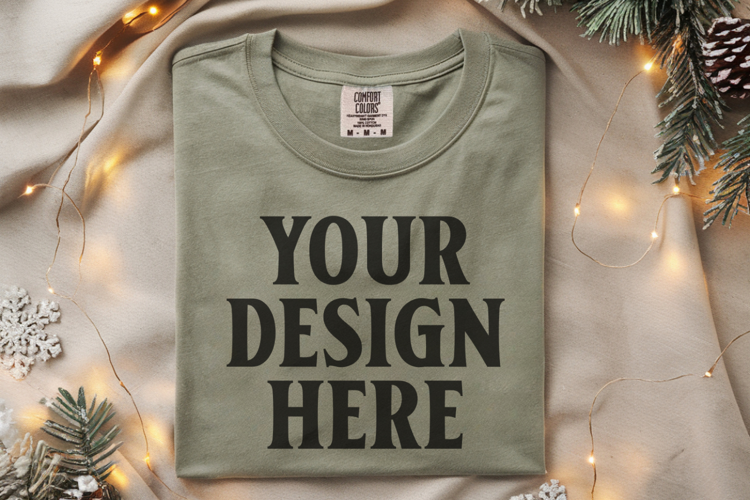 Moss Comfort Colors 1717 Christmas Folded T-Shirt Mockup