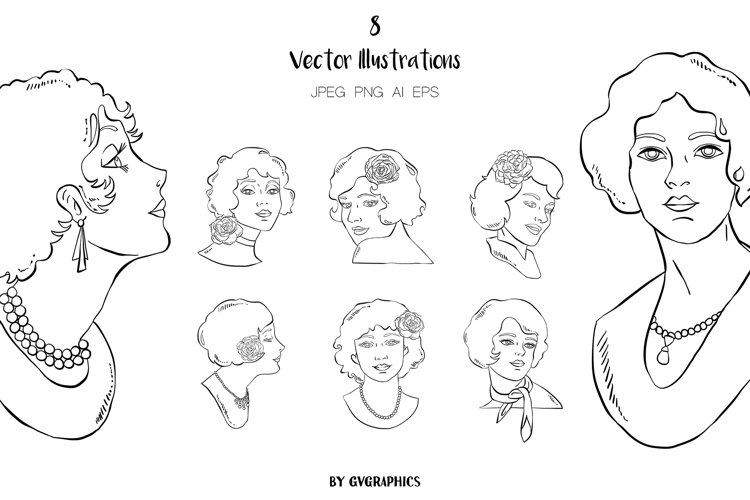 8 Hand Drawn Retro Women Vector Illustrations example image 1