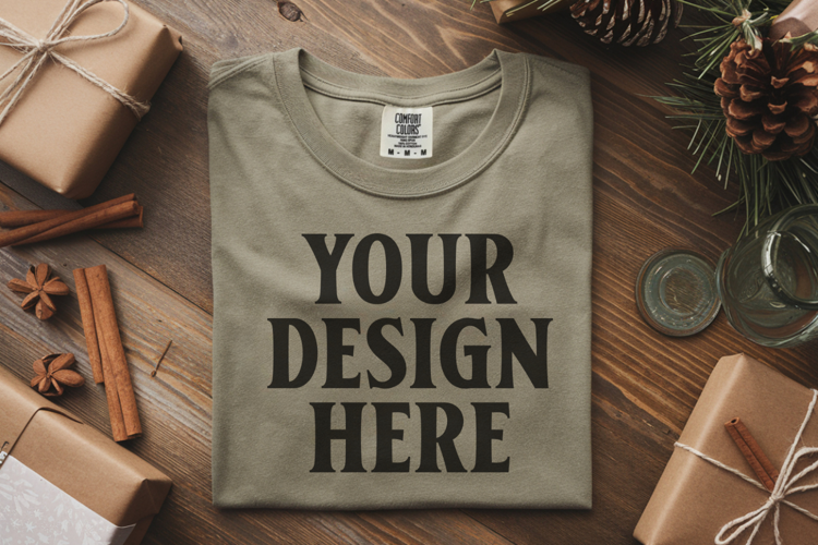 Moss Comfort Colors 1717 Christmas Folded T-Shirt Mockup