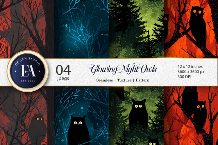 Glowing Night Owl Silhouettes Spooky Seamless Digital Paper