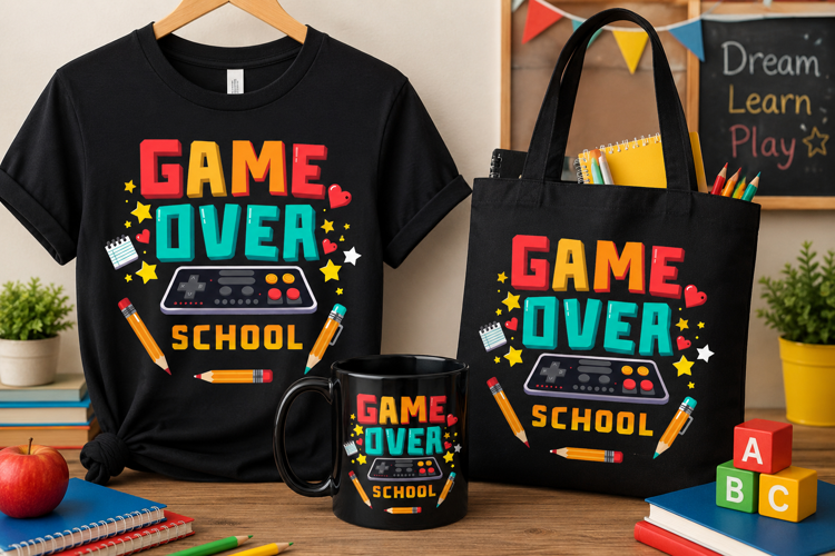 Game Over School PNG, Funny Gamer Back to School Design