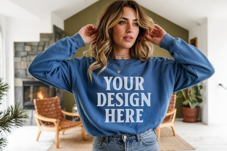 Indigo Blue Gildan 18000 Crewnwck Sweatshirt Mockup, gildan