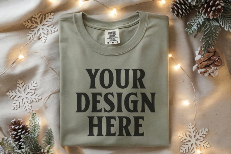 Moss Comfort Colors 1717 Christmas Folded T-Shirt Mockup