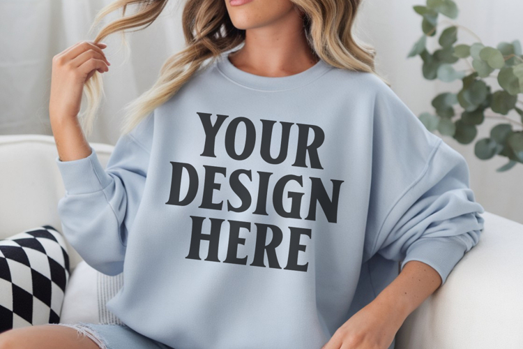 Gildan 18000 Light Blue Mockup , Crewneck Sweatshirt Boho