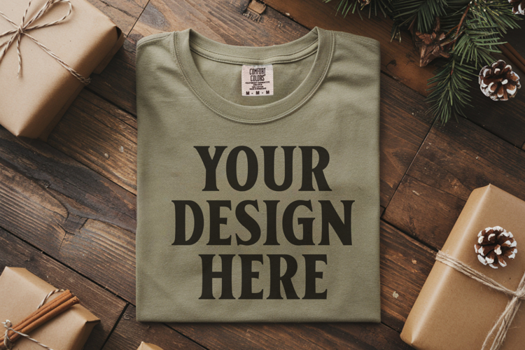 Moss Comfort Colors 1717 Christmas Folded T-Shirt Mockup