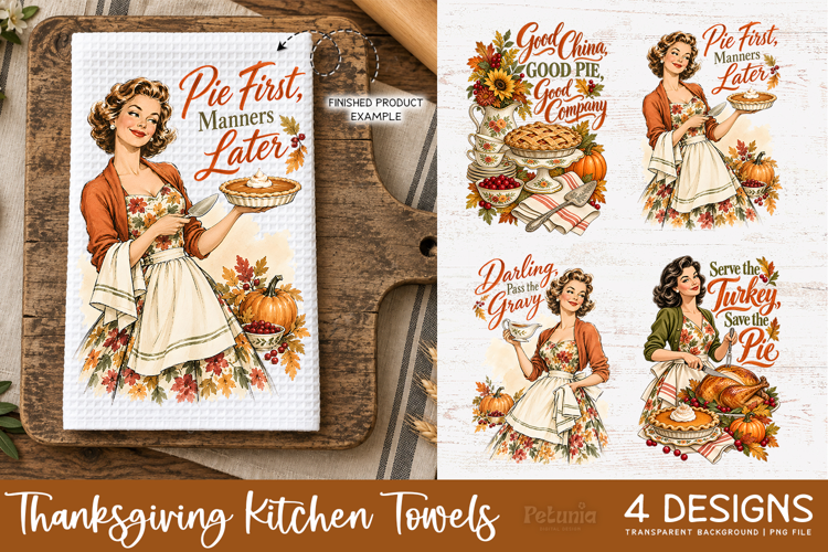 Retro Thanksgiving Kitchen Towels PNG 4 Designs