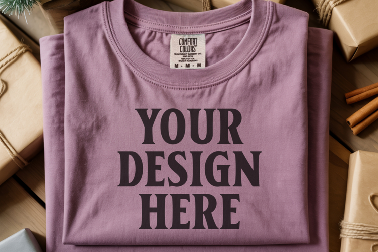 Orchid Comfort Colors 1717 Christmas Folded T-Shirt Mockup