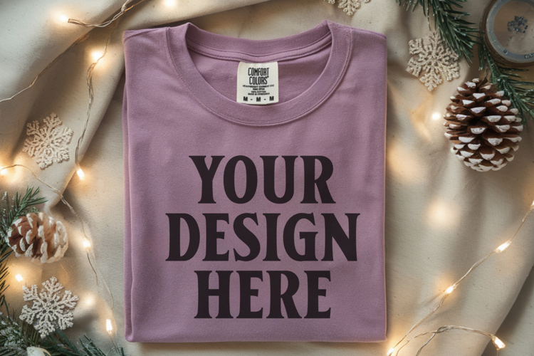 Orchid Comfort Colors 1717 Christmas Folded T-Shirt Mockup