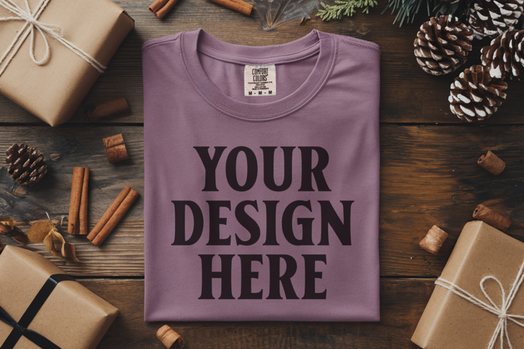 Orchid Comfort Colors 1717 Christmas Folded T-Shirt Mockup