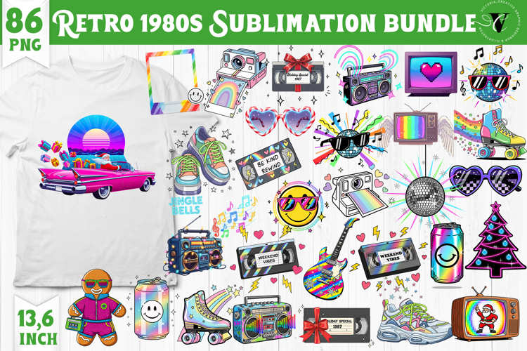 Retro 1980s Christmas clipart Bundle | Neon Vaporwave PNG
