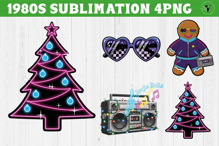 Retro 1980s Christmas clipart | Neon Vaporwave PNG