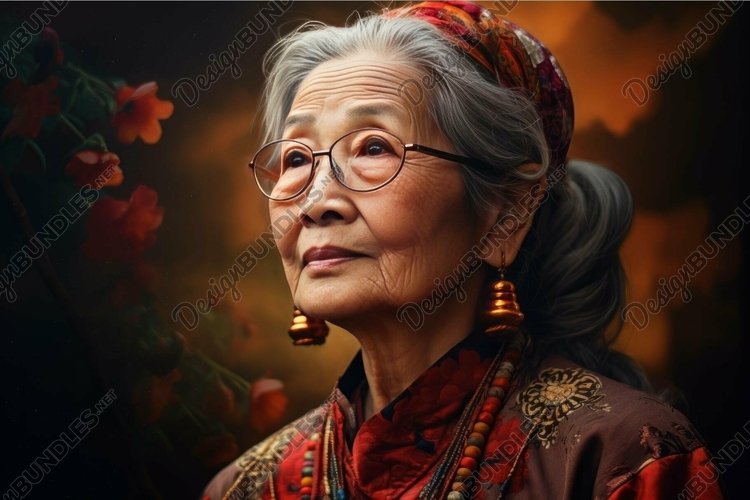 Serene elderly asian woman in traditional attire