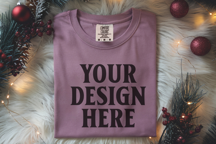 Orchid Comfort Colors 1717 Christmas Folded T-Shirt Mockup