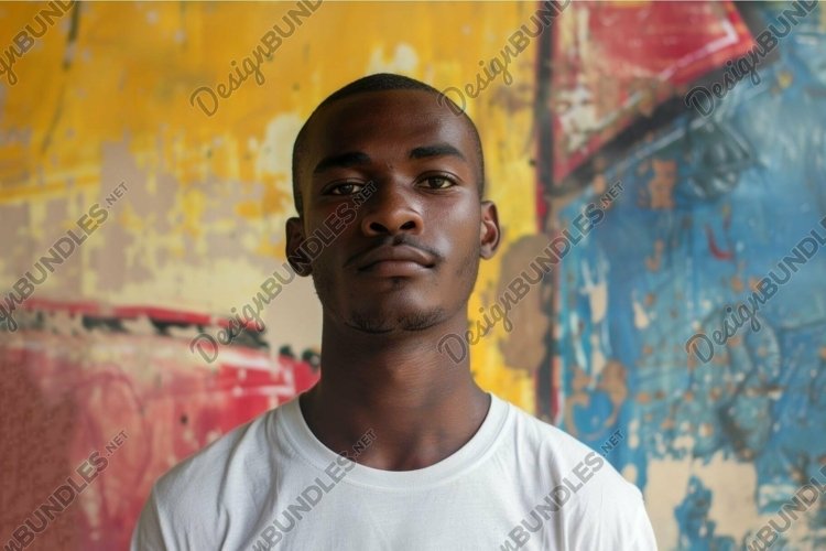 Serious young man standing in front of colorful wall