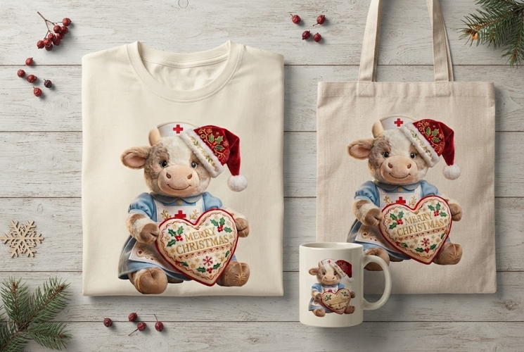 Embroidered Heart Christmas Nurse Cow Holiday Art Print