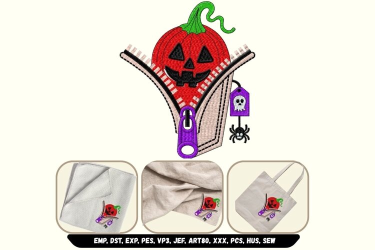 Cute Halloween Pumpkin Zipper Pocket Machine Embroidery example image 1