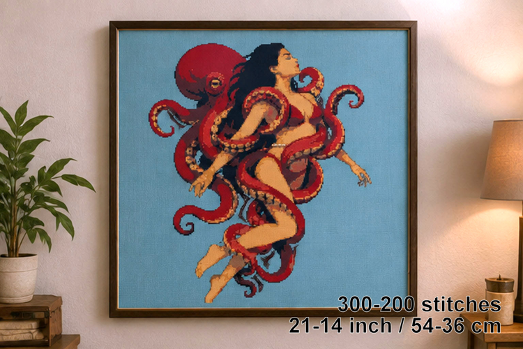 Women embraced by red octopus cross stitch pattern PDF embro