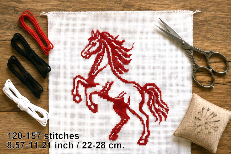 Cross stitch horse rearing on its hind legs pattern monochro