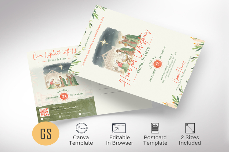 Retro Christmas Sunday Church Postcard Template, Canva EDDM
