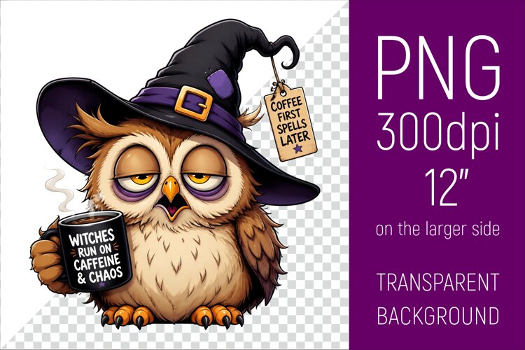 Funny Morning Coffee Owl in Witch Hat | Halloween Clipart example image 1