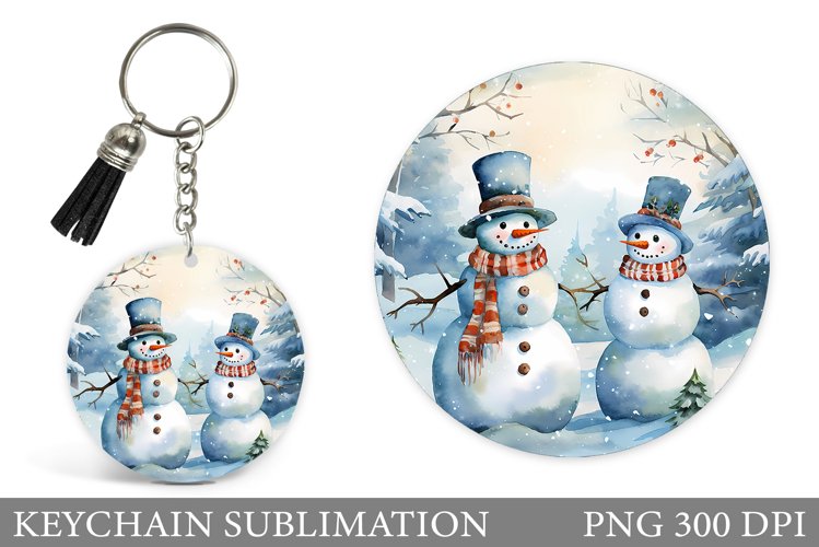 Watercolor Snowman Keychain. Cute Snowman Round Keychain