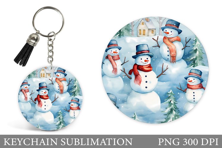 Watercolor Snowman Keychain. Winter Round Keychain Design