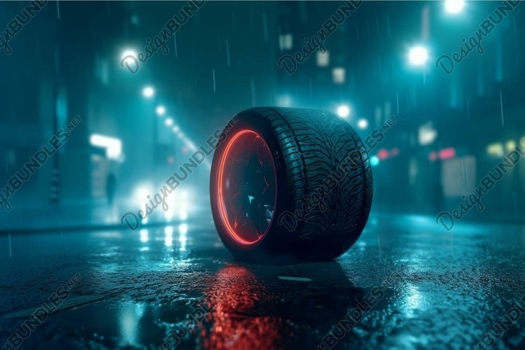 Illuminated car tire on wet city street at night