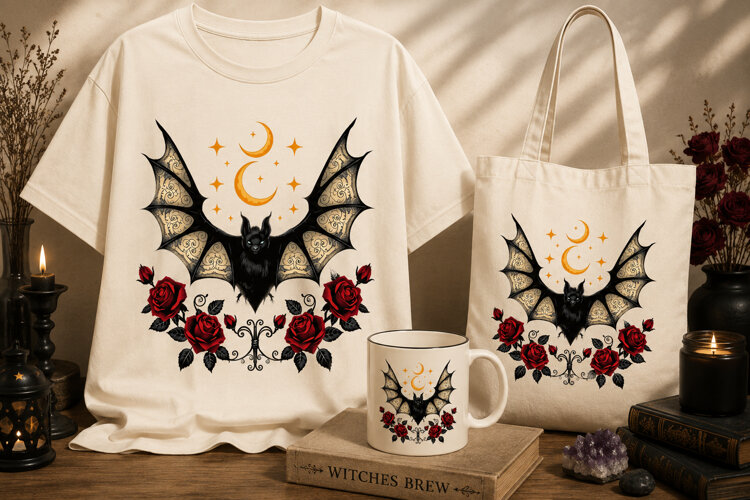 Bat Rose PNG | Gothic Witchy Bat, Moon & Red Roses Clipart example image 1