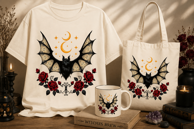 Bat Rose PNG | Gothic Witchy Bat, Moon & Red Roses Clipart