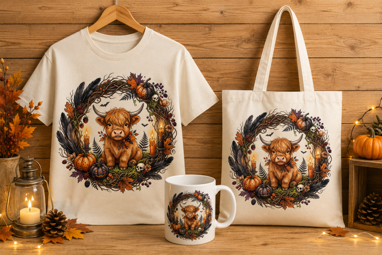 Highland Calf in Halloween Spooky Wreath Art Print