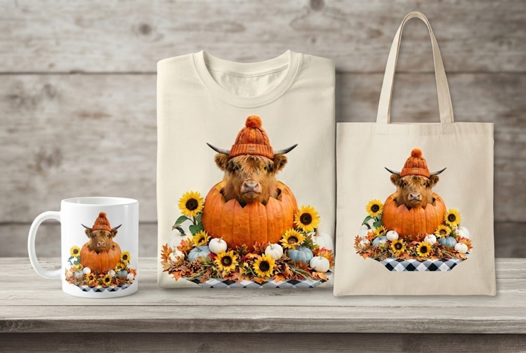 Highland Cow in Pumpkin Beanie Sunflower Fall Art