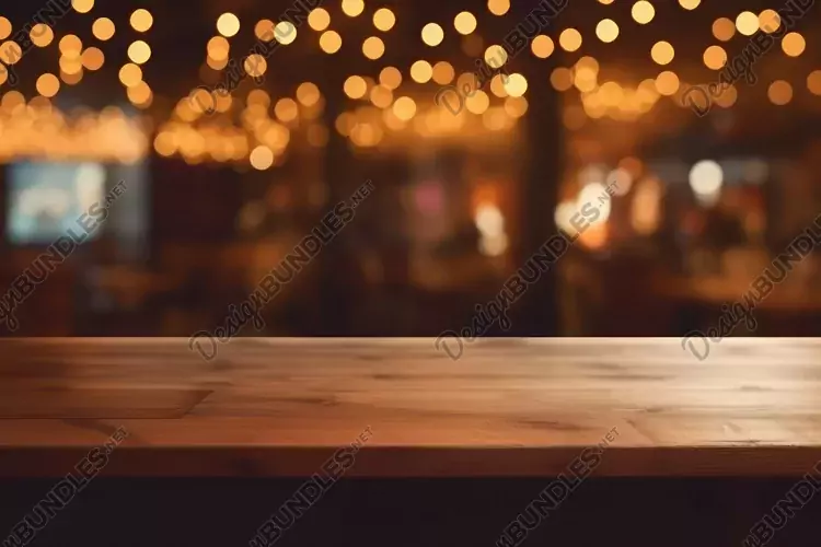 Empty Wooden Table and Bokeh Lights Blurred Outdoor