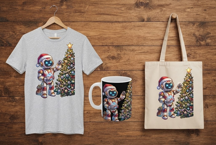 Cute Robot Decorating Christmas Tree Digital Art