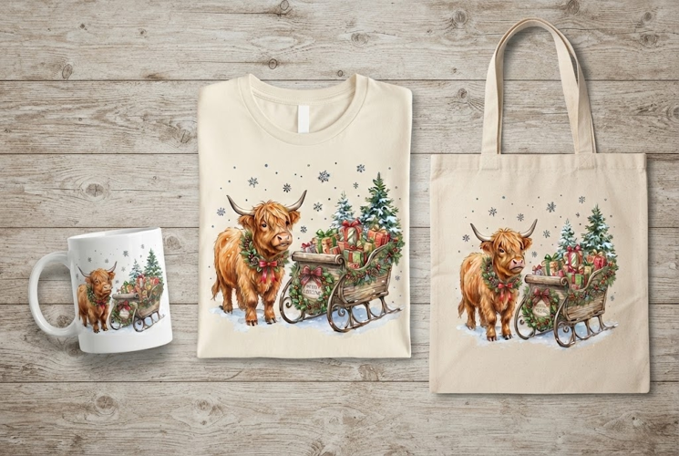 Highland Cow Christmas Sleigh Gifts Watercolor Art