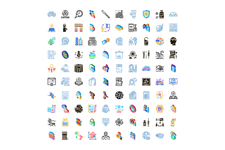 Large set of diverse multicolored isometric icons