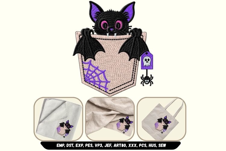 Cute Halloween Bat Faux Pocket Machine Embroidery Design example image 1