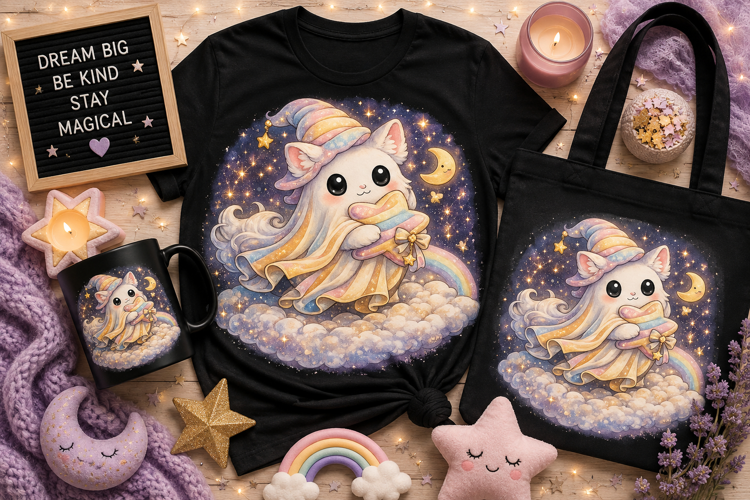 Cute Ghost Kitty PNG | Pastel Kawaii Halloween Sublimation