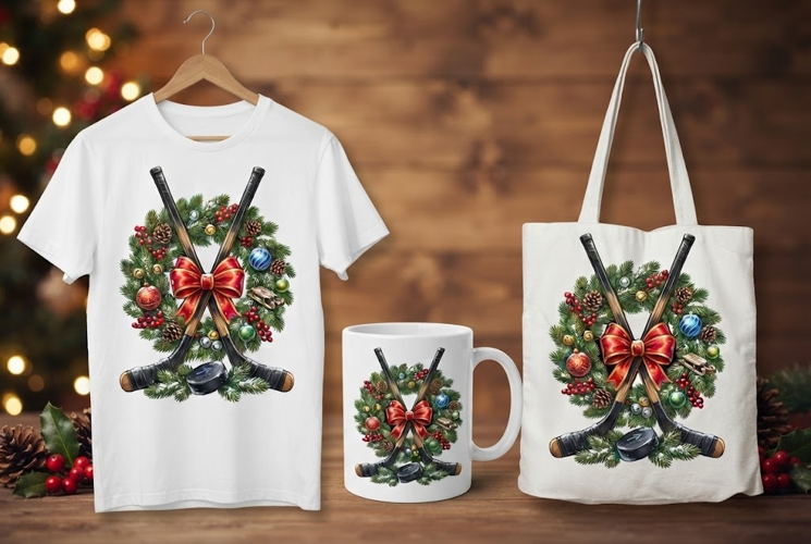 Christmas Hockey Sticks and Wreath Holiday Design
