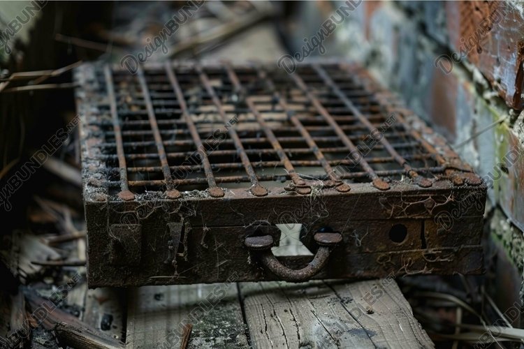Rusty metal grate lying on wooden floor in abandoned buildin example image 1