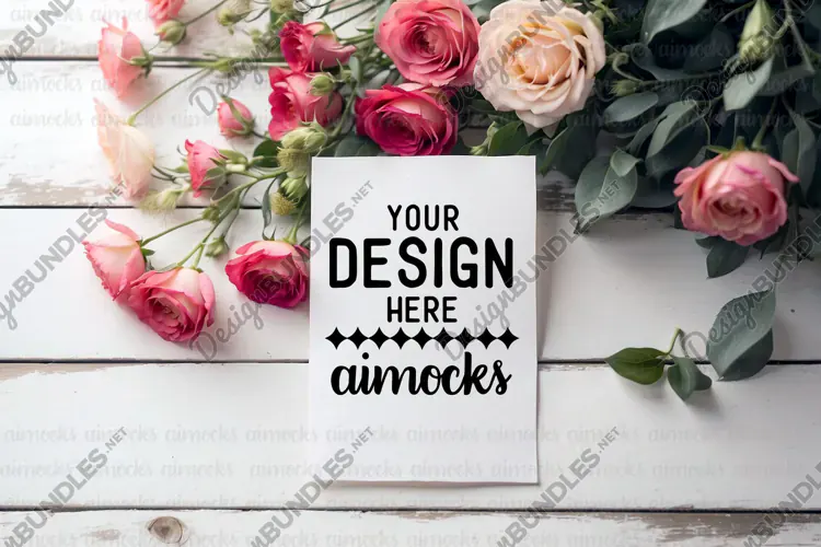 Chic Style Vertical Card Mockup with Roses Wood Background
