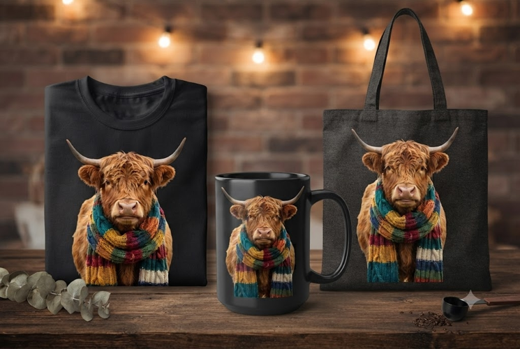 Highland Cow PNG | Rustic Cow with Colorful Scarf Clipart