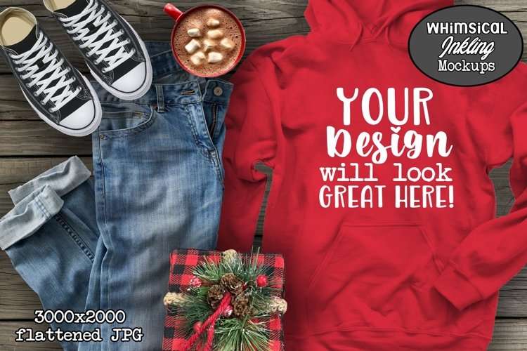 Red Hoodie And Jeans Christmas Mockup example image 1