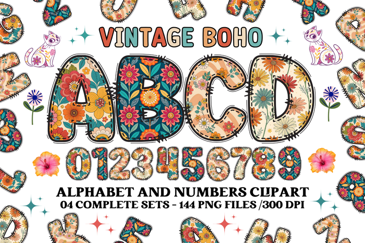 Vintage Boho Alphabet png clipart, boho letters doodle