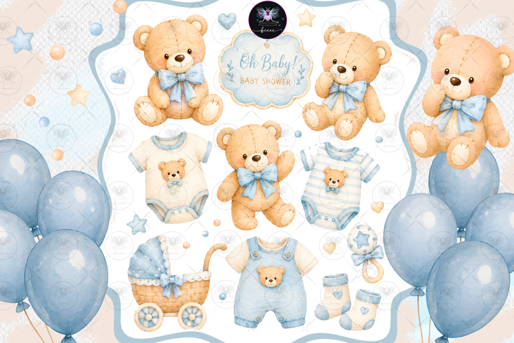 Blue Teddy Bear Baby Shower Clipart
